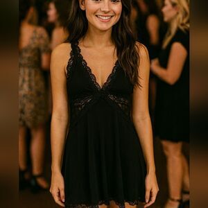 Holiday Party Slip Dress L Lace Fairy Babydoll 90s Y2K Black Rayon Nylon Stretch